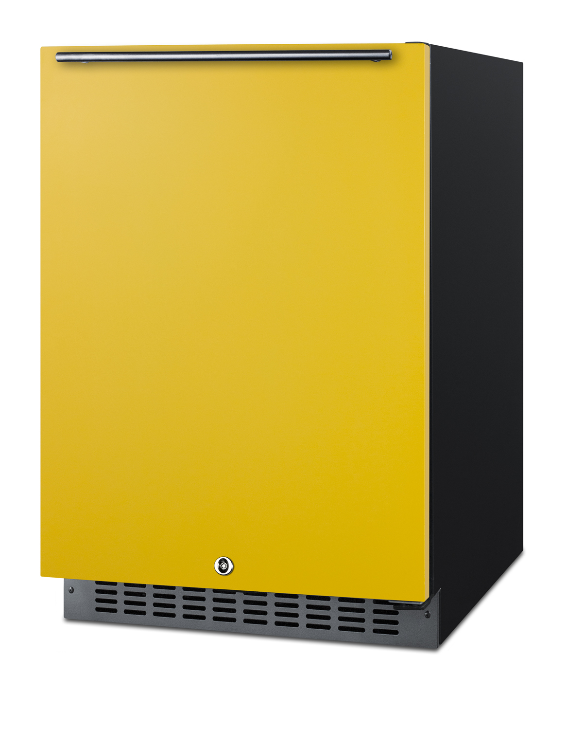 24 in. wide built-in undercounter ADA compliant all-refrigerator with saffron gold door, stainless steel handle and kickplate, and black cabinet